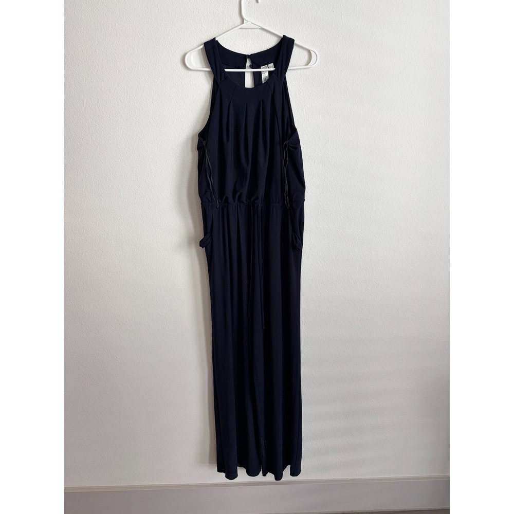 Emma & Michele Maxi Dress Womens Large Navy Blue Pleated Scoop Neck Sleeveless
